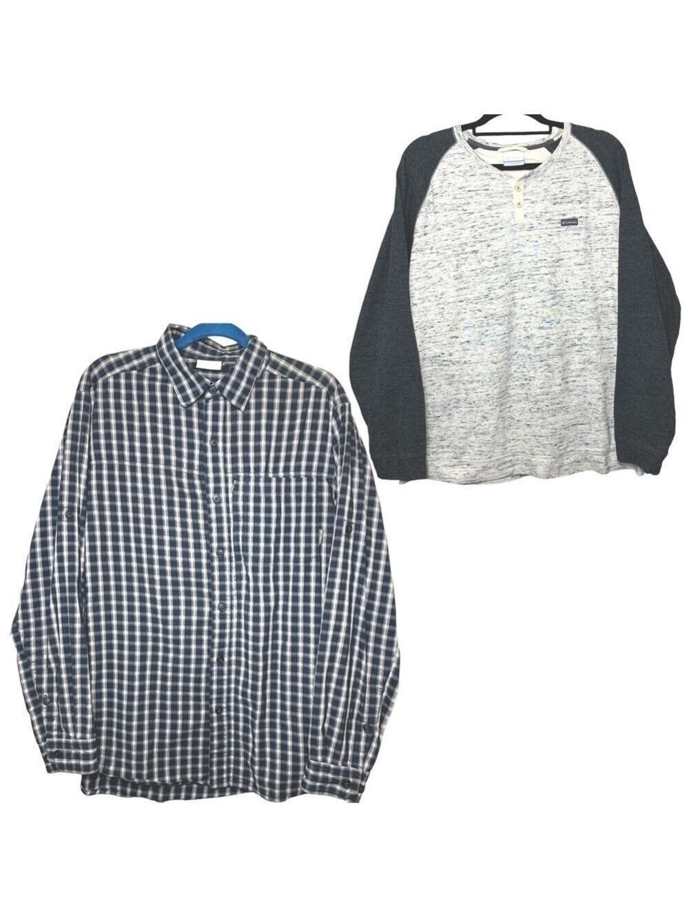 Columbia Lot 2 Men Button up Shirt Sz M & Henley Shirt Sz L Plaid Black Tan Gray